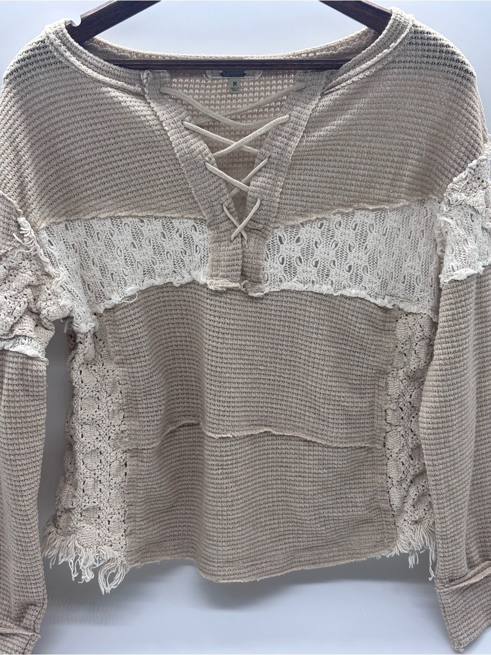 gimmicks by BKE Lace-Accent Waffle Knit Pullover - Beige/Cream